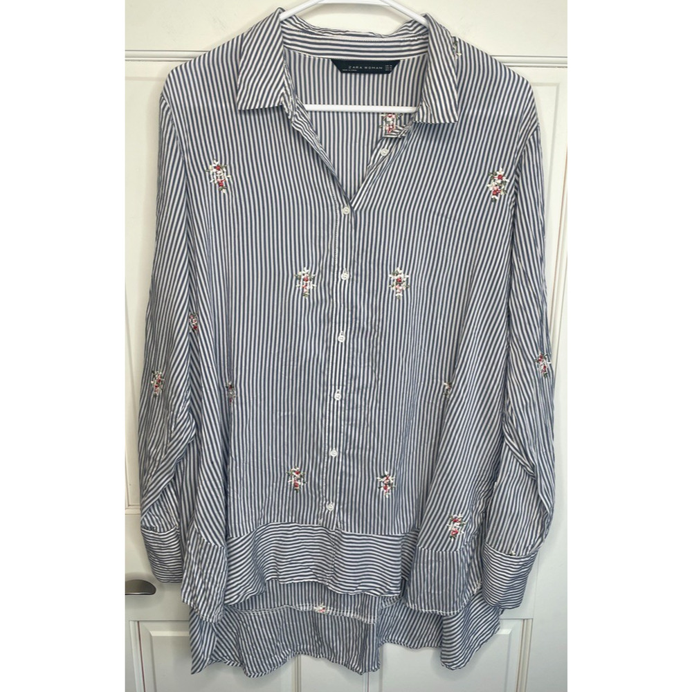 Zara Women's Floral Embroidered Button-Down Shirt Sz XL Boho Preppy Stripe Beach